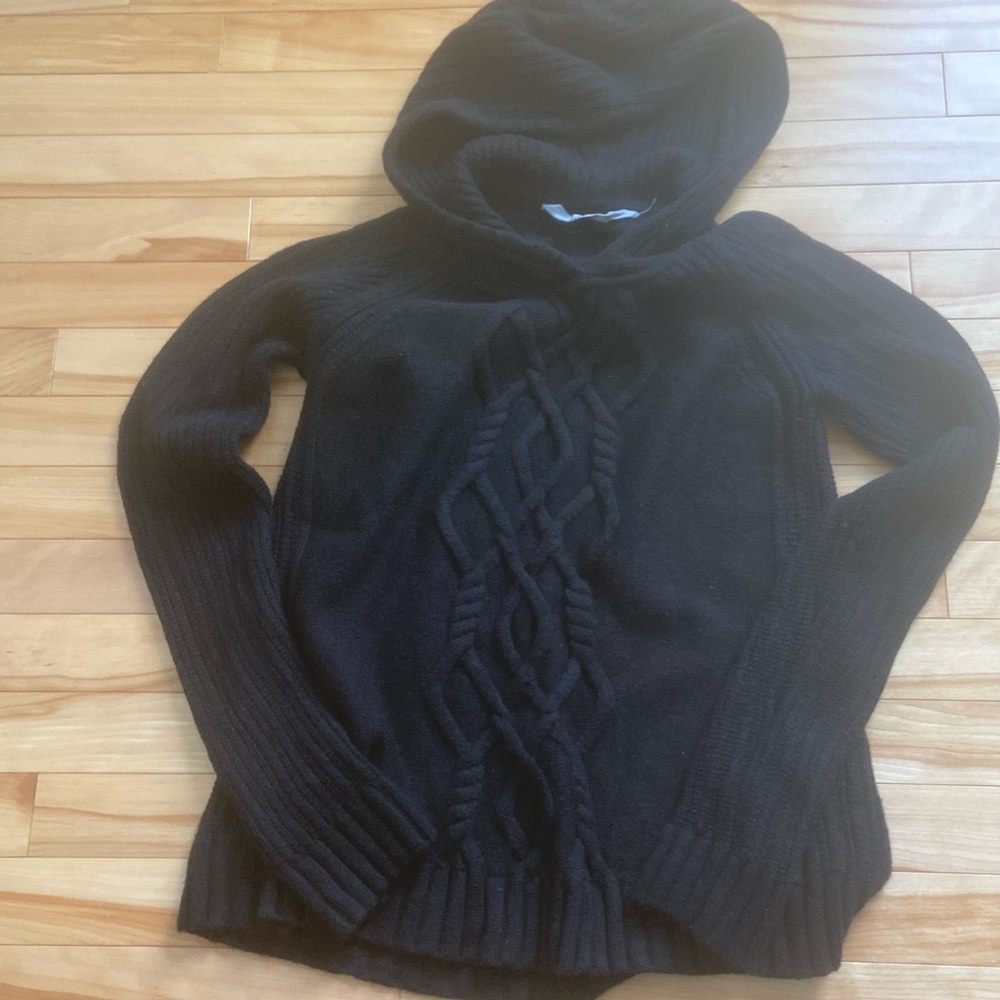 Black Athleta thick, merino wool hooded sweater.